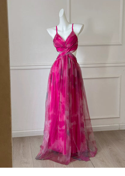 Hot Pink Spaghetti Strap Cutout Tulle Long Prom Dress F0470