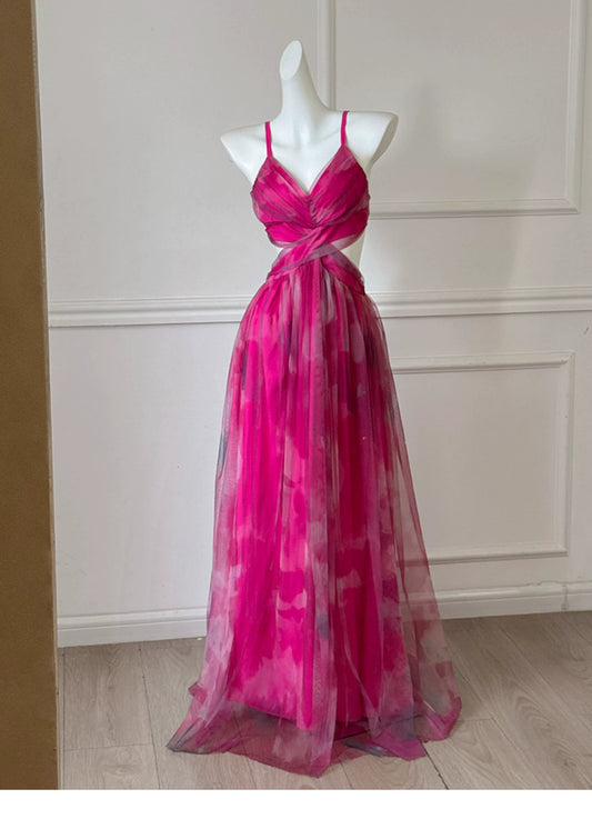 Hot Pink Spaghetti Strap Cutout Tulle Long Prom Dress F0470