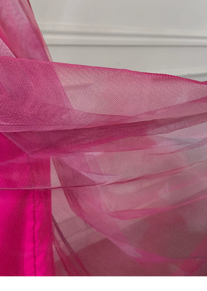 Hot Pink Spaghetti Strap Cutout Tulle Long Prom Dress F0470