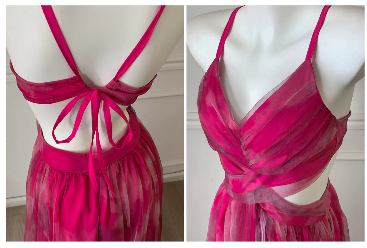 Hot Pink Spaghetti Strap Cutout Tulle Long Prom Dress F0470