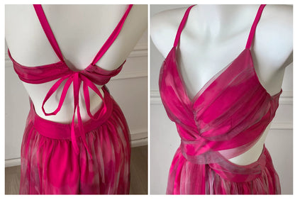 Hot Pink Spaghetti Strap Cutout Tulle Long Prom Dress F0470