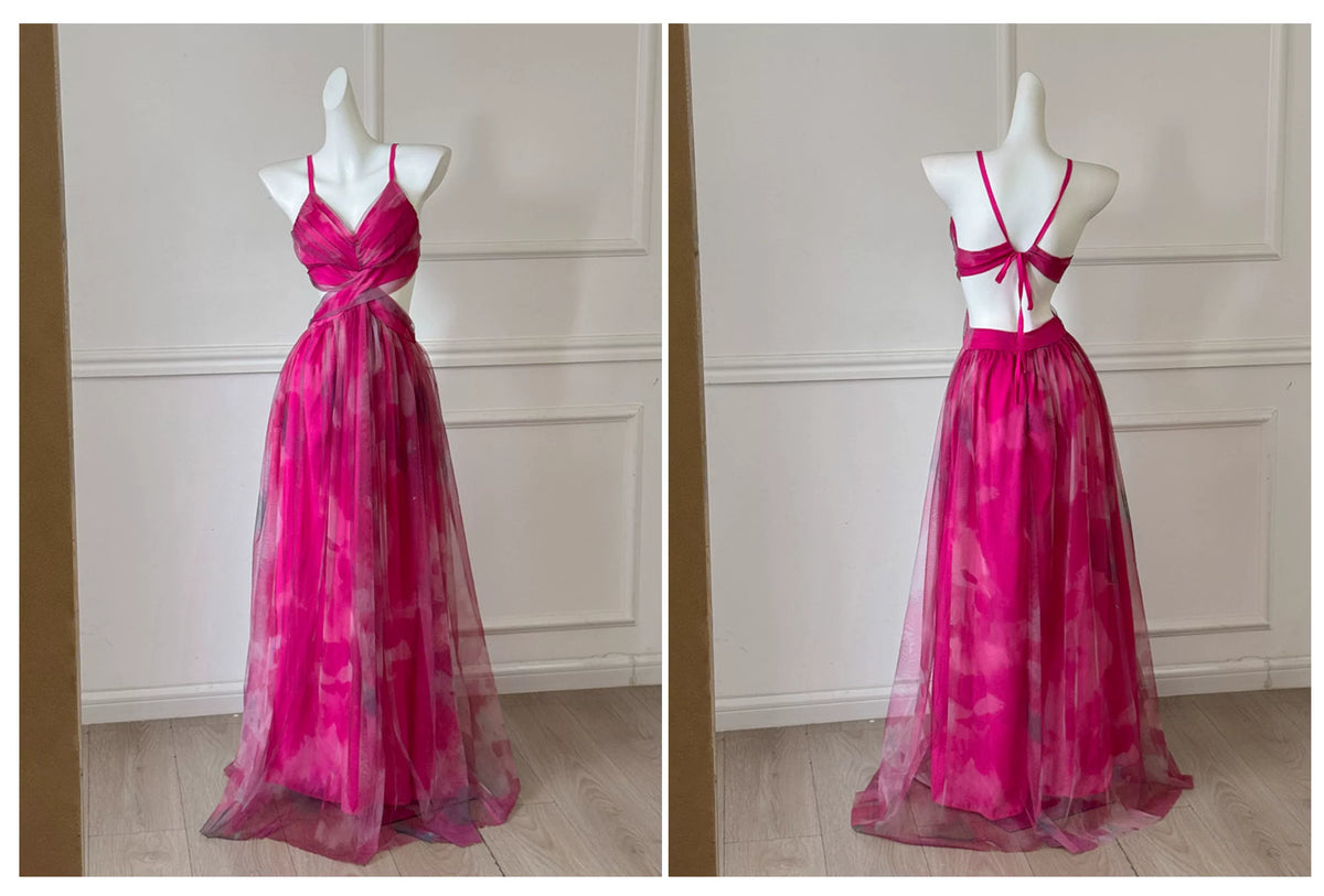 Hot Pink Spaghetti Strap Cutout Tulle Long Prom Dress F0470