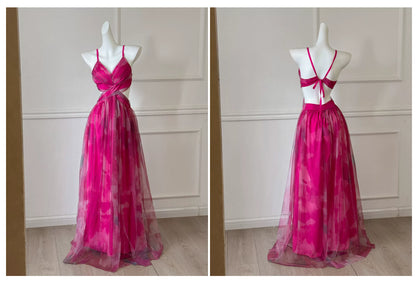 Hot Pink Spaghetti Strap Cutout Tulle Long Prom Dress F0470