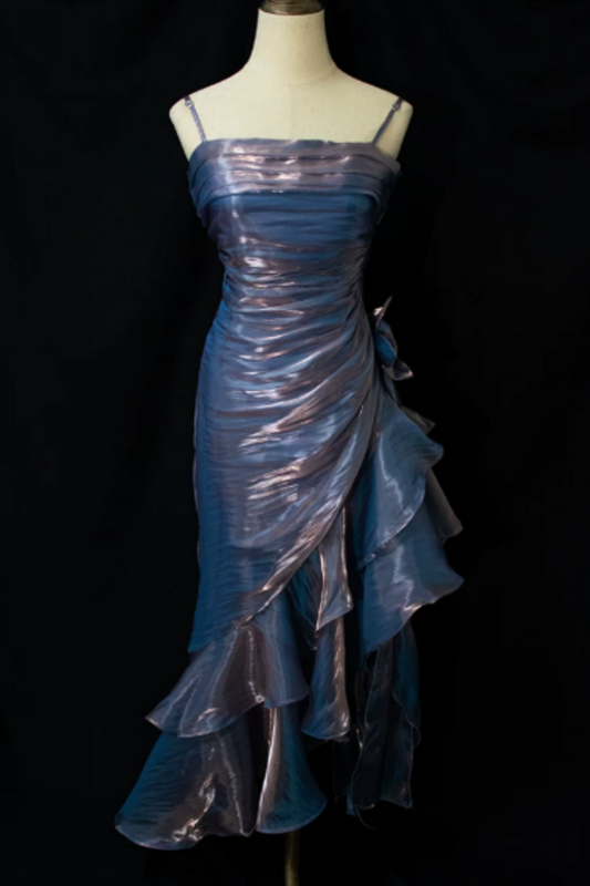 Iridescent Blue Holographic Spaghetti Strap Formal Dress, Ruched Asymmetrical Ruffle Party Dress L009