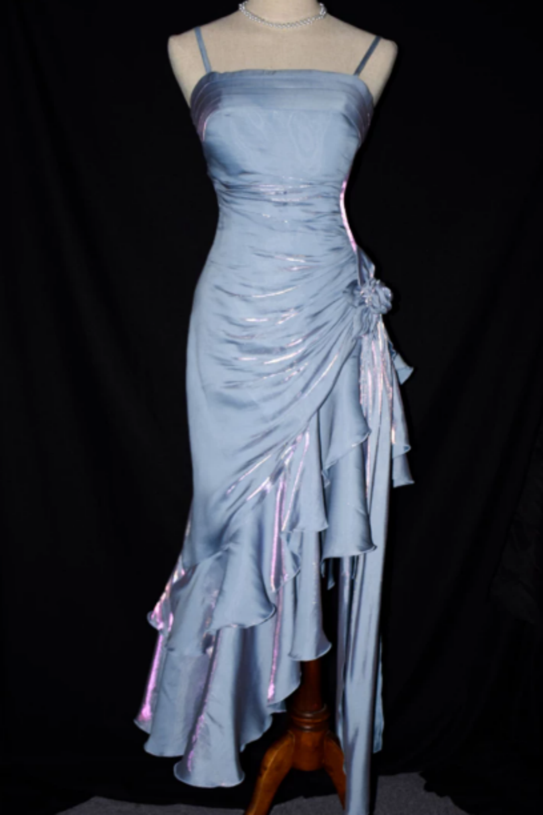 Iridescent Blue Holographic Spaghetti Strap Midi Formal Dress, Ruched Ruffle Floral Party Dress L007