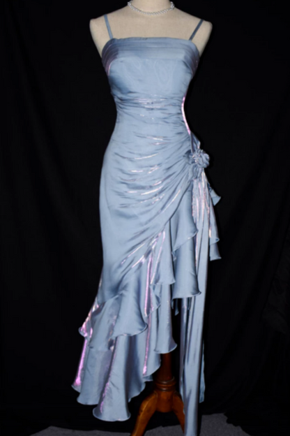 Iridescent Blue Holographic Spaghetti Strap Midi Formal Dress, Ruched Ruffle Floral Party Dress L007