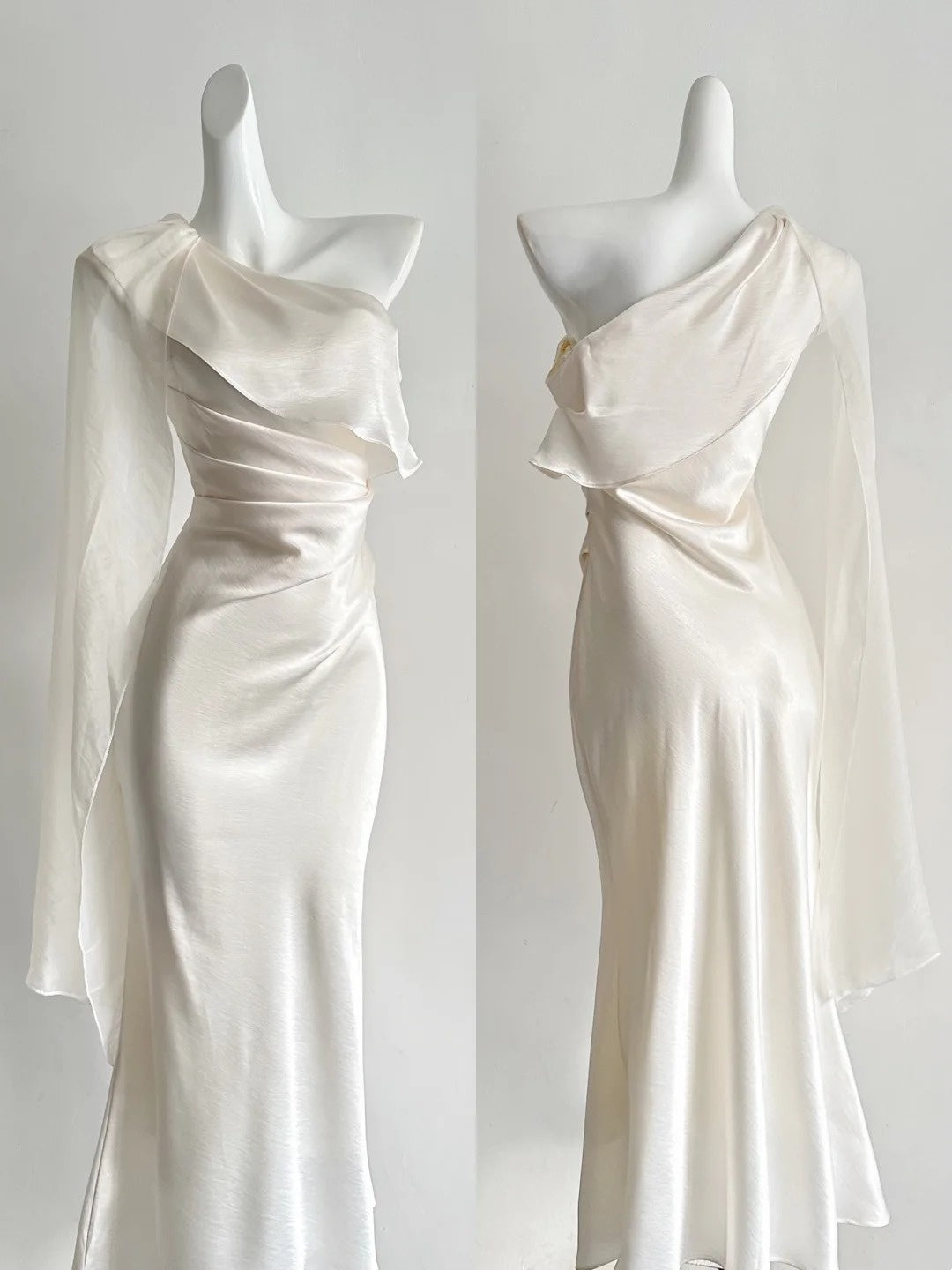 Ivory Satin One Shoulder Evening Gown Draped Mermaid Long Dress F0377