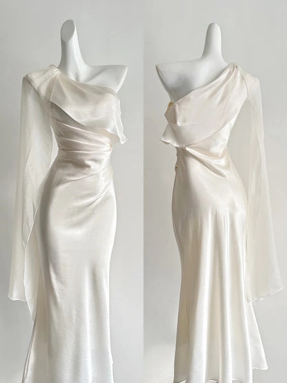 Ivory Satin One Shoulder Evening Gown Draped Mermaid Long Dress F0377
