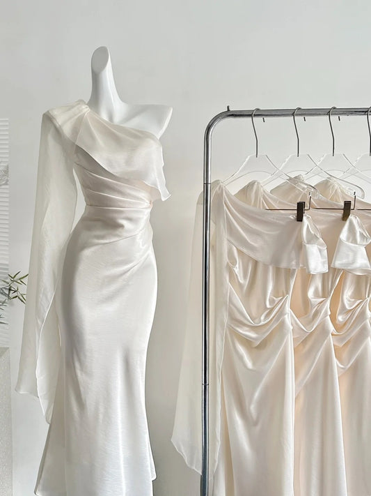 Ivory Satin One Shoulder Evening Gown Draped Mermaid Long Dress F0377