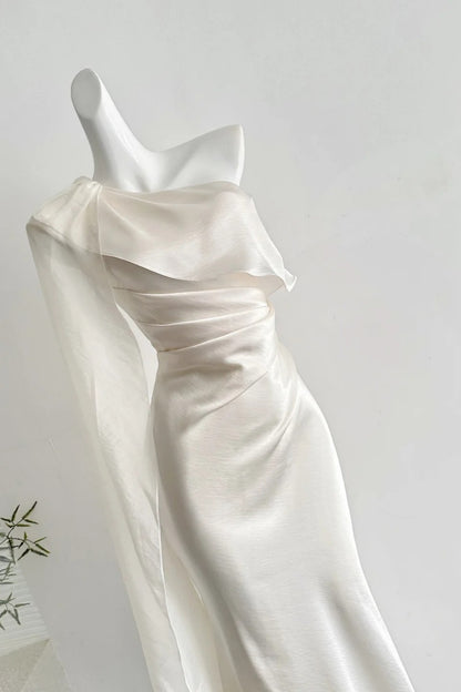 Ivory Satin One Shoulder Evening Gown Draped Mermaid Long Dress F0377