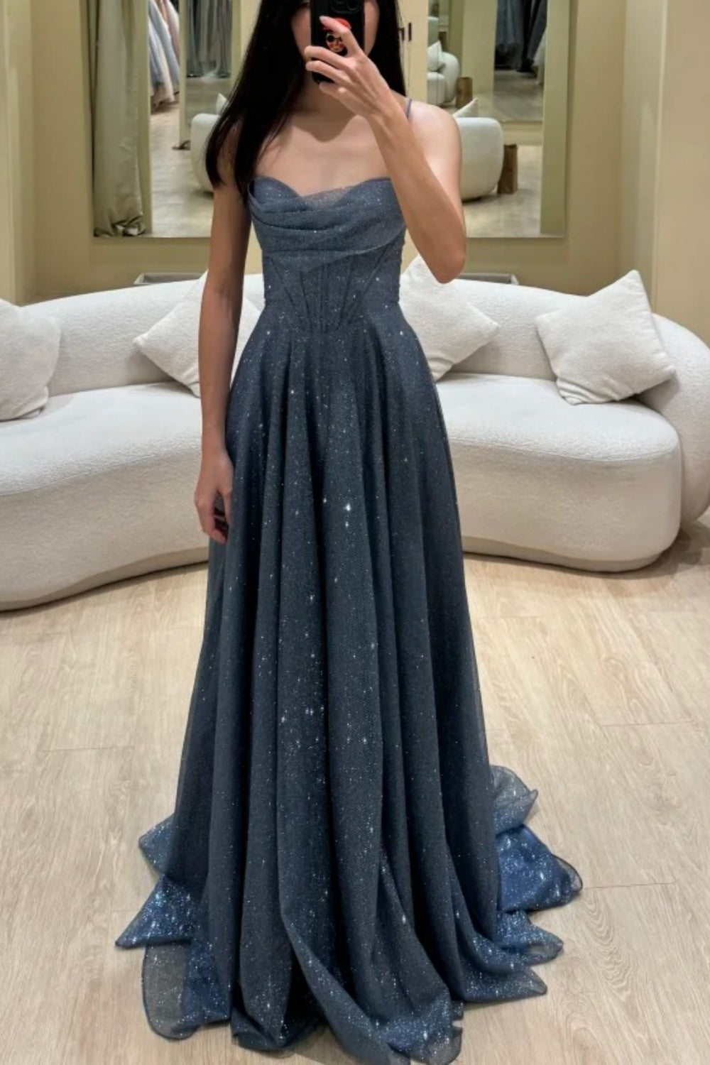 Glitzernde, trägerlose Abendrobe in Starlight Dusty Blue aus Tüll mit fließendem, vollem Rock, elegantes formelles Kleid Floral039