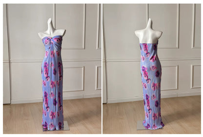 Lavender Floral Print Strapless Twist Pleated Vacation Beach Maxi Dress F0489