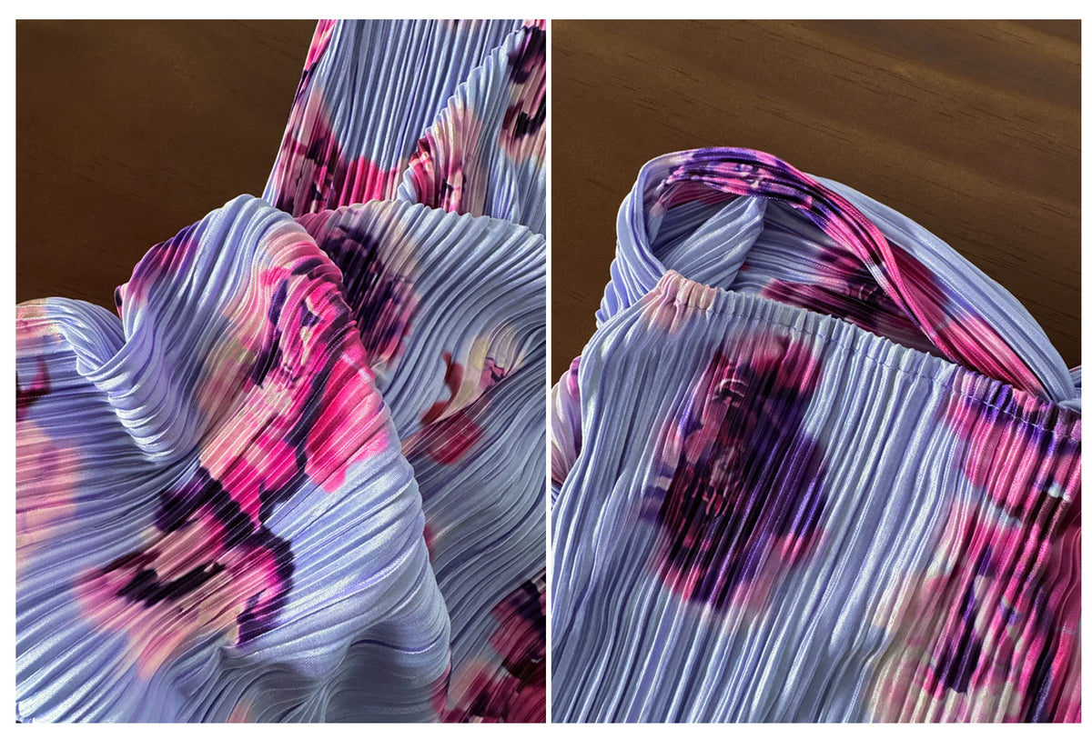 Lavender Floral Print Strapless Twist Pleated Vacation Beach Maxi Dress F0489