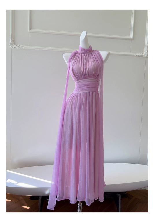 Lavender Halter Chiffon Maxi Dress Sleeveless Flowy Bridesmaid Gown F0434