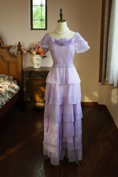 Lavender Off Shoulder Tiered Chiffon Formal Dress with 3D Flower L033