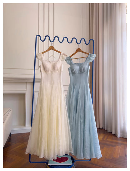 Light Blue Chiffon Bridesmaid Dress Square Neck Ruffle Sleeve Long Formal Dress F0432