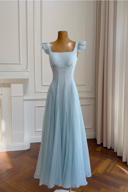 Light Blue Chiffon Bridesmaid Dress Square Neck Ruffle Sleeve Long Formal Dress F0432