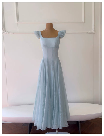 Light Blue Chiffon Bridesmaid Dress Square Neck Ruffle Sleeve Long Formal Dress F0432