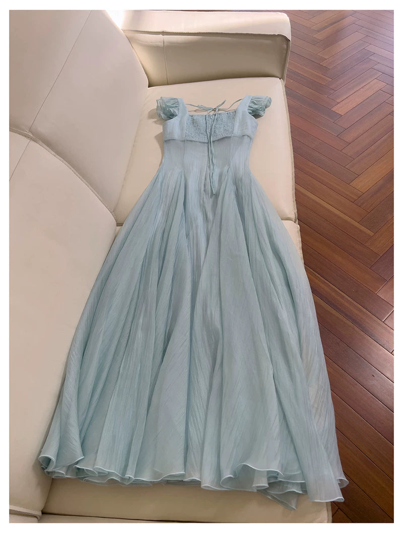 Light Blue Chiffon Bridesmaid Dress Square Neck Ruffle Sleeve Long Formal Dress F0432