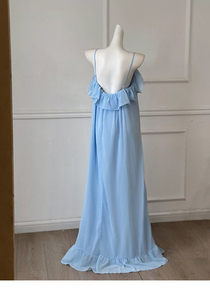 Light Blue Chiffon Spaghetti Strap Flowy Bridesmaid Dress F0457