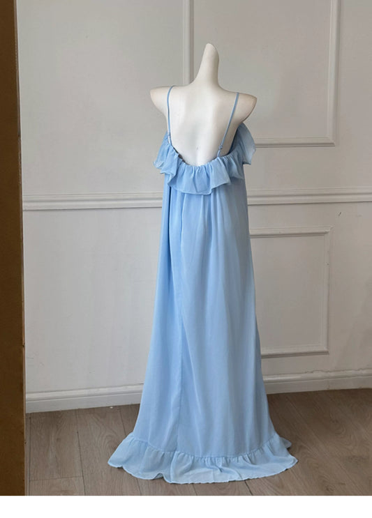 Light Blue Chiffon Spaghetti Strap Flowy Bridesmaid Dress F0457