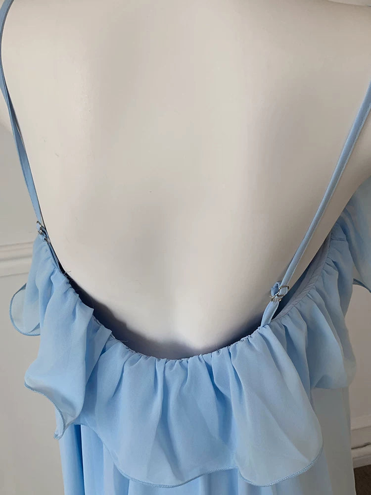 Light Blue Chiffon Spaghetti Strap Flowy Bridesmaid Dress F0457