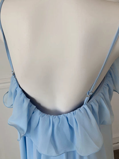 Light Blue Chiffon Spaghetti Strap Flowy Bridesmaid Dress F0457
