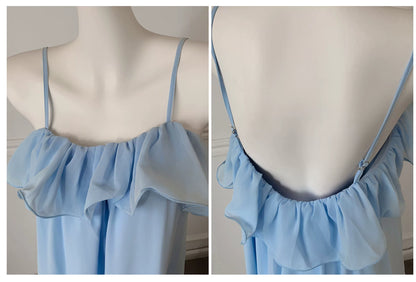 Light Blue Chiffon Spaghetti Strap Flowy Bridesmaid Dress F0457