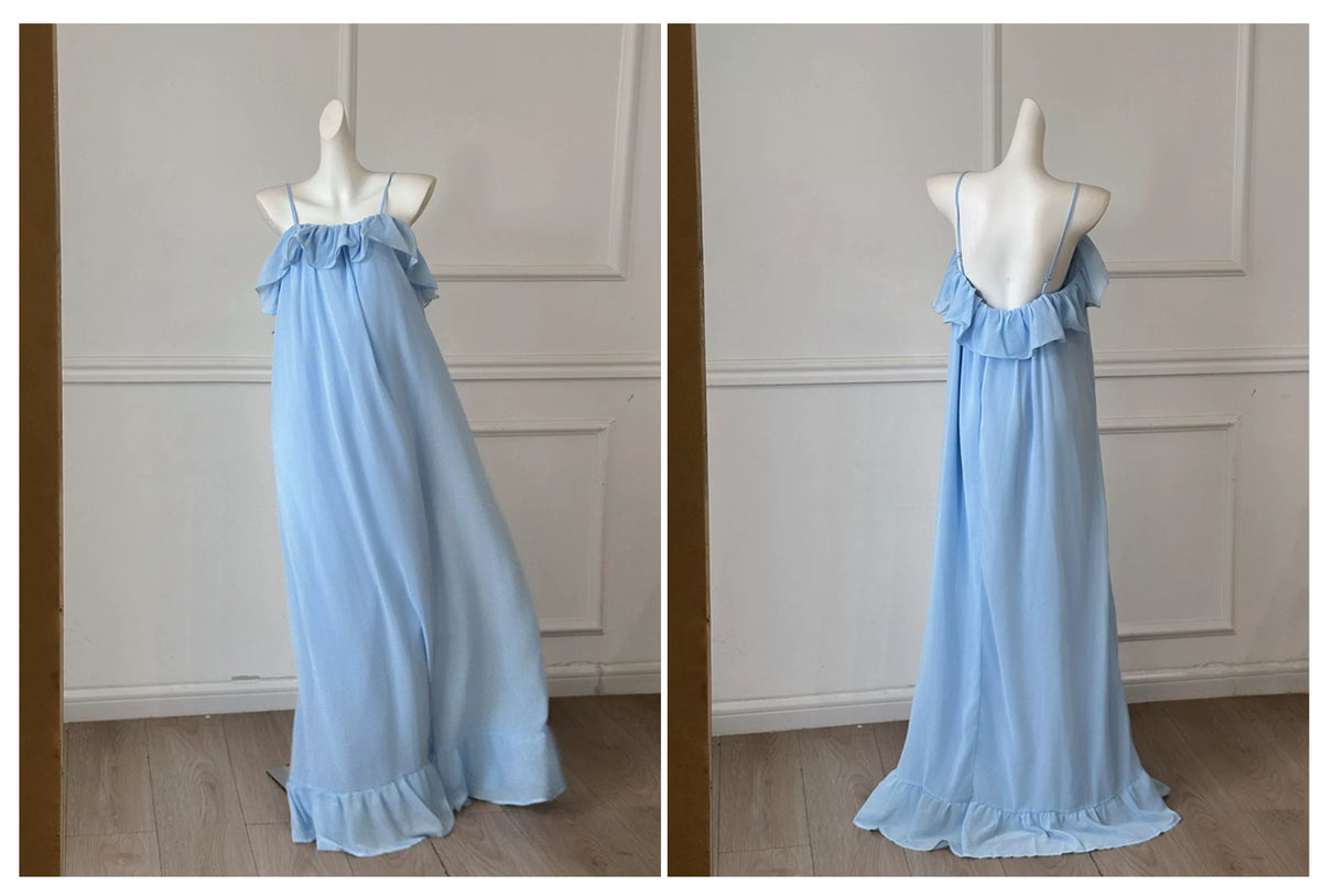 Light Blue Chiffon Spaghetti Strap Flowy Bridesmaid Dress F0457