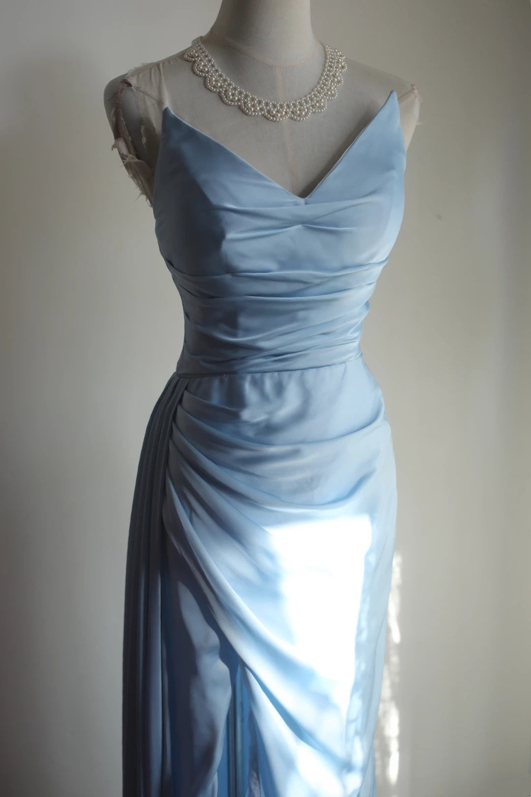 Light Blue Satin Spaghetti Strap Prom Dress, Formal Evening Gown F0409