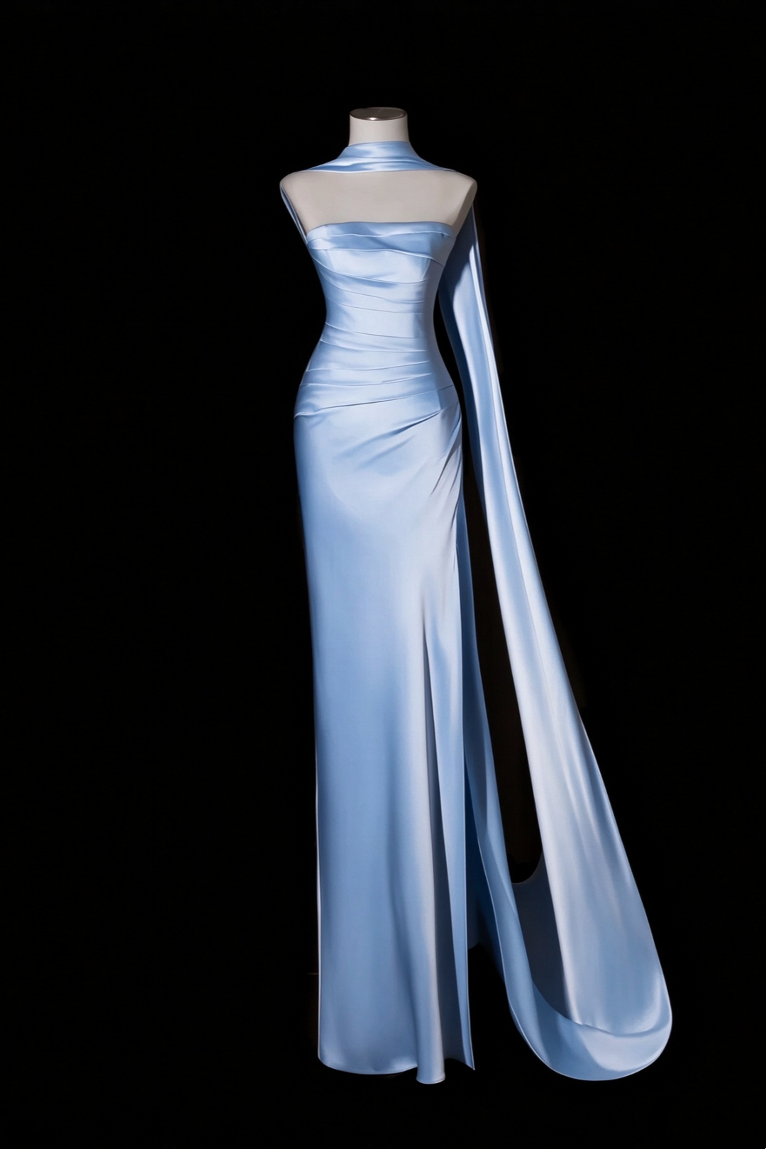 Light Blue Satin Strapless Evening Gown, Ruched Split Long Dress with Elegant Scarf Shawl F0372
