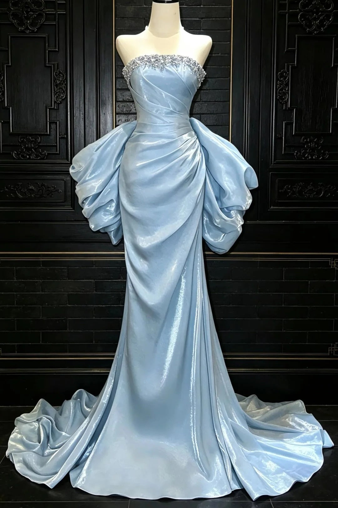 Light Blue Strapless Beaded Mermaid Long Evening Dress F0515