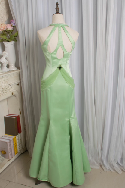 Light Green Halter Mermaid Satin Formal Dress with Pearl Neckline L032