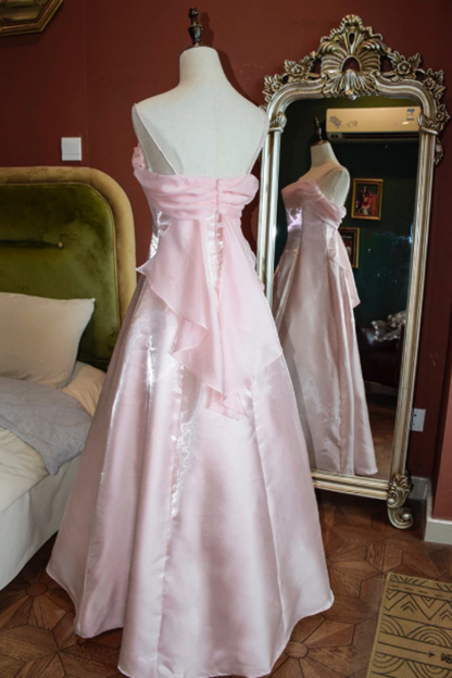 Light Pink Vintage Spaghetti-Strap Gown In Lustrous Satin L023