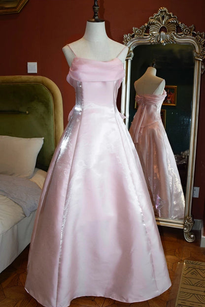 Light Pink Vintage Spaghetti-Strap Gown In Lustrous Satin L023