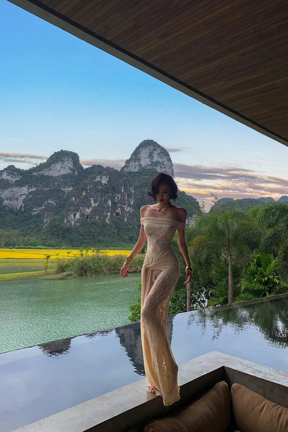 Exclusive for Vacation Dinners  Champagne Off-the-Shoulder Sheer Lace Mermaid Gown FD07