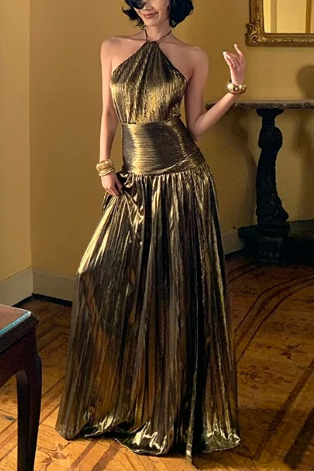 Gold Metallic Halter Dress Sexy High-Slip Evening Maxi Dress  FD08