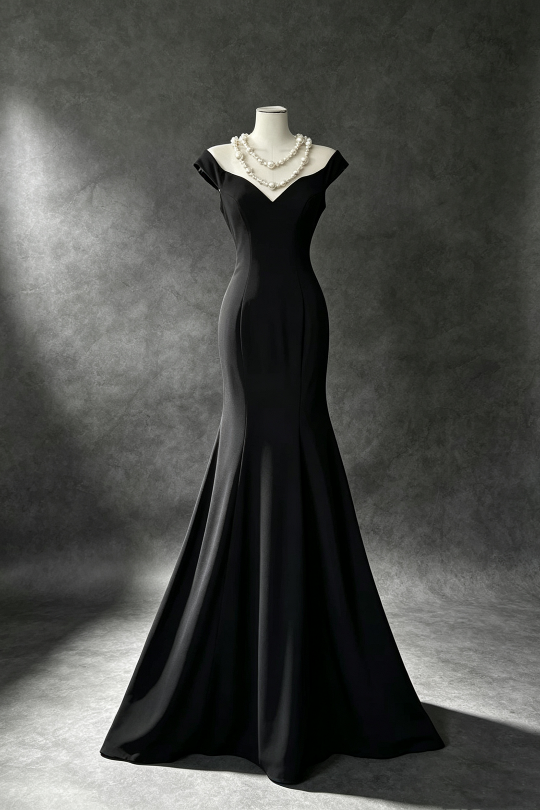 Elegantes schwarzes Meerjungfrauenkleid mit V-Ausschnitt und Carmen-Ausschnitt, aus Stretch-Stoff, langes Kleid für besondere Anlässe F0043