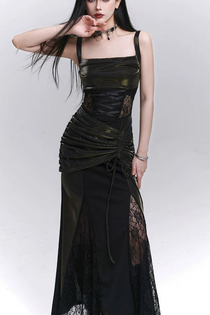 Metallic Black Square Neck Corset Lace Maxi Party Dress F0503