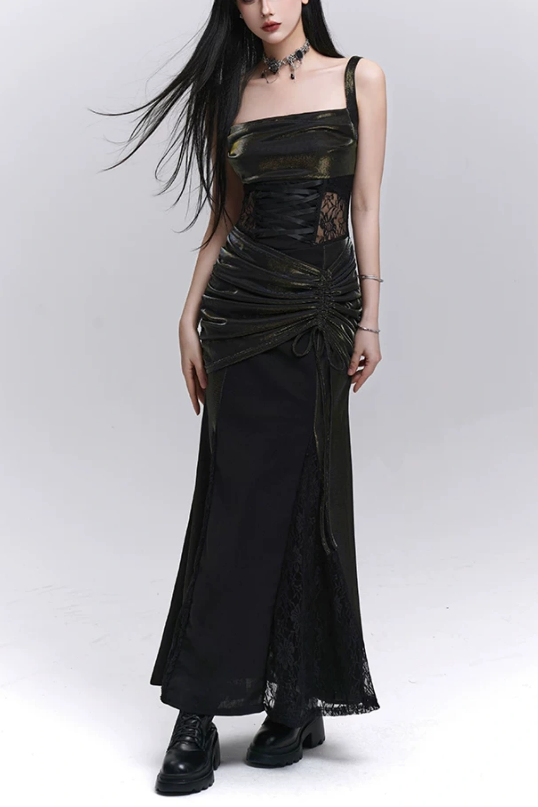 Metallic Black Square Neck Corset Lace Maxi Party Dress F0503
