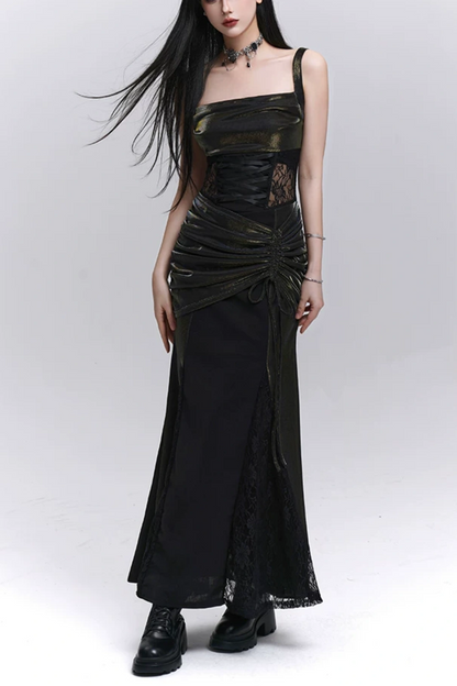 Metallic Black Square Neck Corset Lace Maxi Party Dress F0503