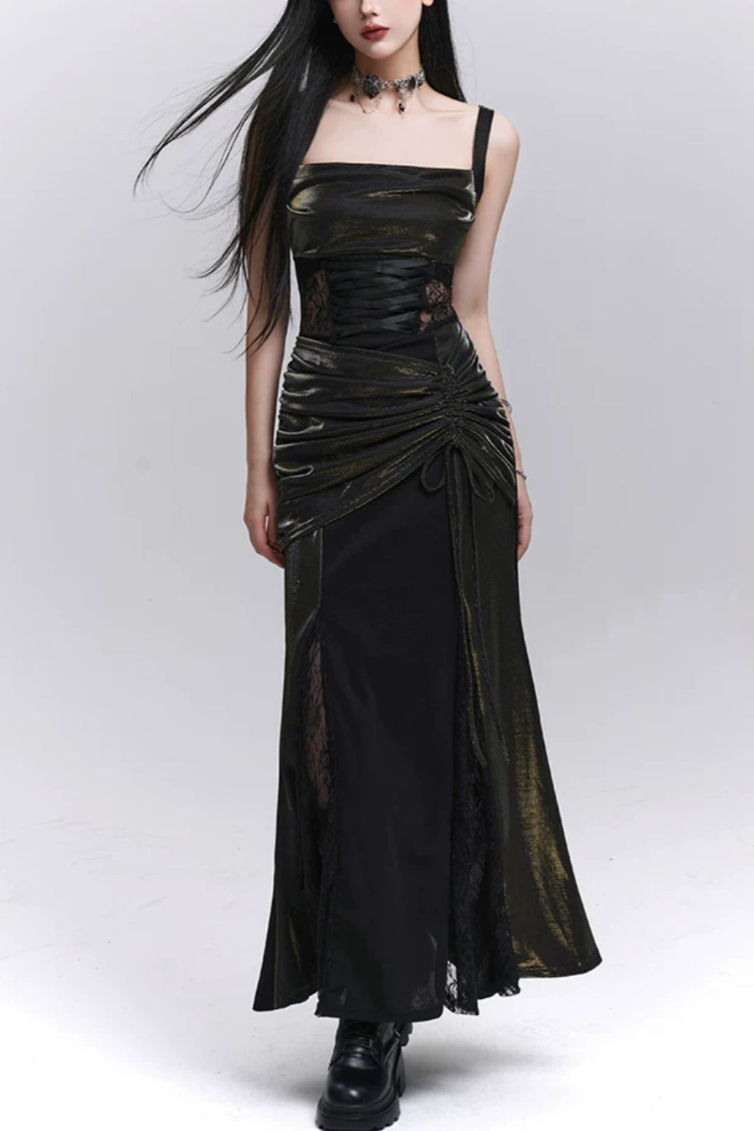 Metallic Black Square Neck Corset Lace Maxi Party Dress F0503