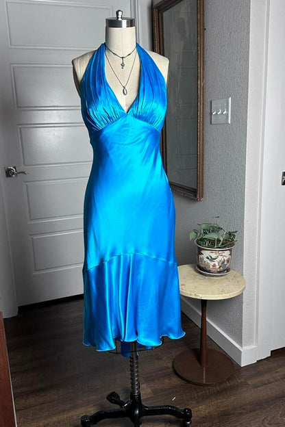 Turquoise Satin Halter Midi Dress Deep V‑Neck Ruffle Flounce Hem F0168