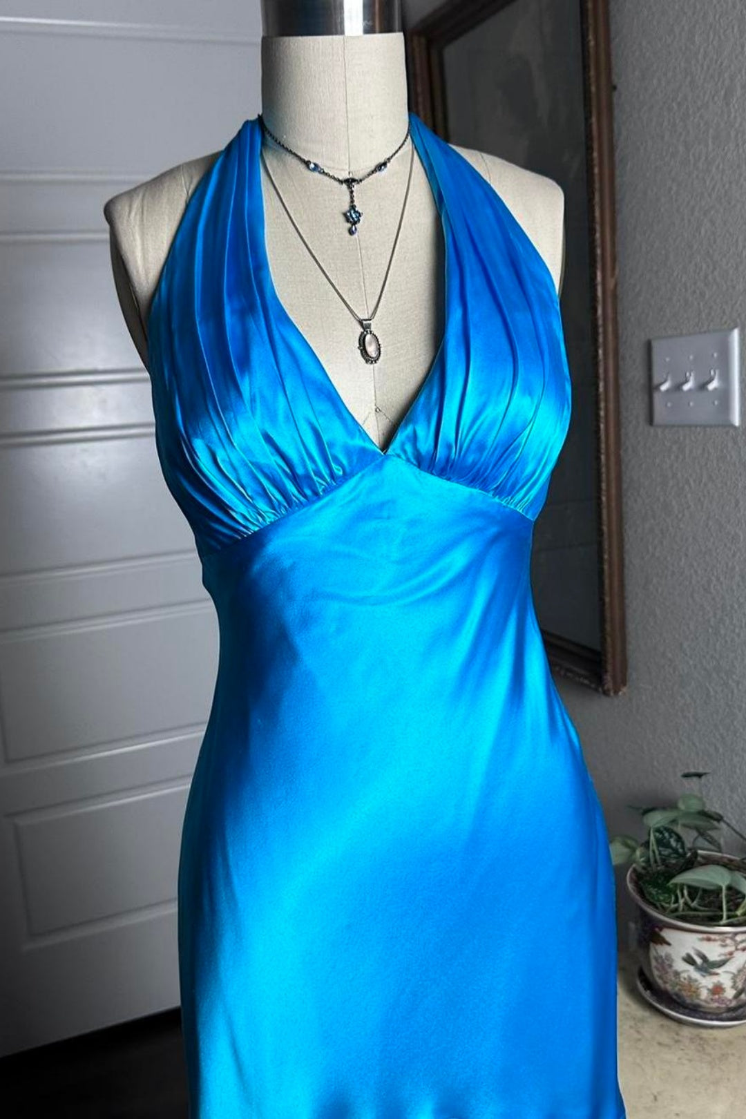 Turquoise Satin Halter Midi Dress Deep V‑Neck Ruffle Flounce Hem F0168