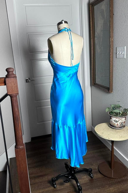 Turquoise Satin Halter Midi Dress Deep V‑Neck Ruffle Flounce Hem F0168