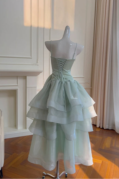 Mint Green Spaghetti Strap Tiered Long Prom Dress Lace Up Back Formal Gown F0429