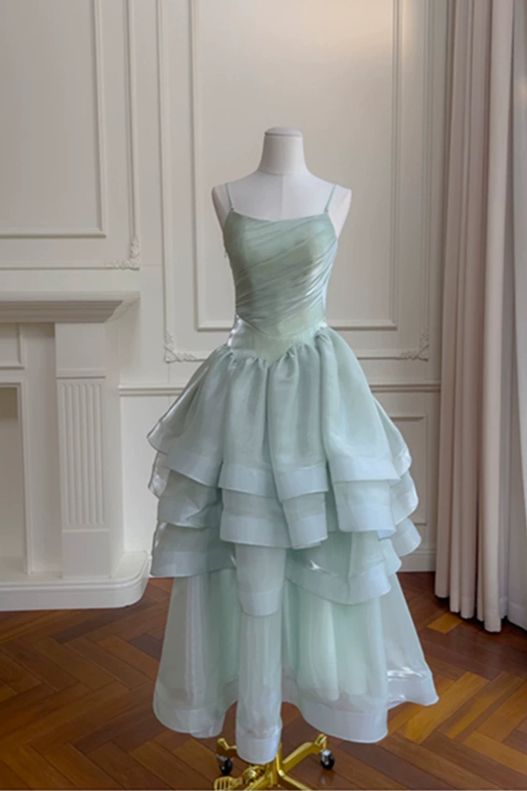 Mint Green Spaghetti Strap Tiered Long Prom Dress Lace Up Back Formal Gown F0429