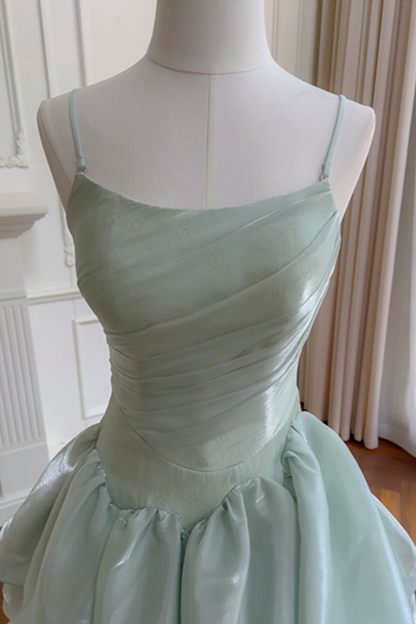 Mint Green Spaghetti Strap Tiered Long Prom Dress Lace Up Back Formal Gown F0429