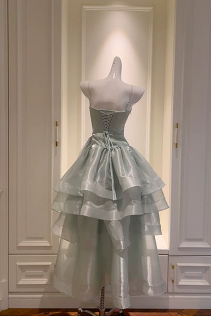 Mint Green Spaghetti Strap Tiered Long Prom Dress Lace Up Back Formal Gown F0429