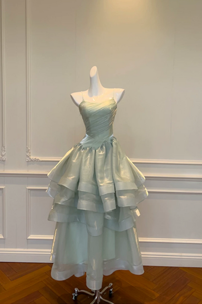 Mint Green Spaghetti Strap Tiered Long Prom Dress Lace Up Back Formal Gown F0429